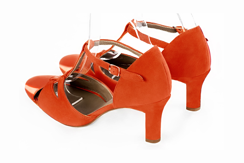 Clementine orange women's T-strap open side shoes. Round toe. High kitten heels. Rear view - Florence KOOIJMAN